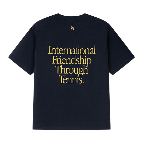 AROSRIS Tennis Friendship Soft Tee in navy — flat lay showing vintage friendship graphic and relaxed cut