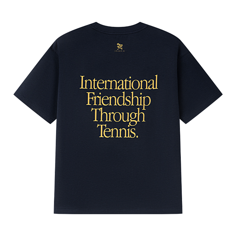 AROSRIS Tennis Friendship Soft Tee in navy — flat lay showing vintage friendship graphic and relaxed cut