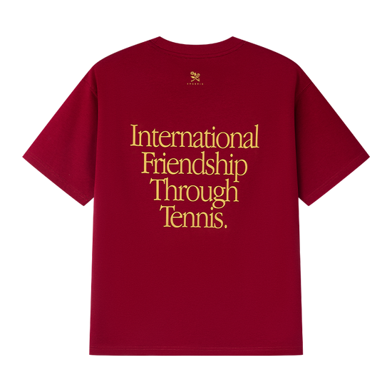 AROSRIS Tennis Friendship Lyocell Tee in red — flat lay showing garment-washed finish and graphic print