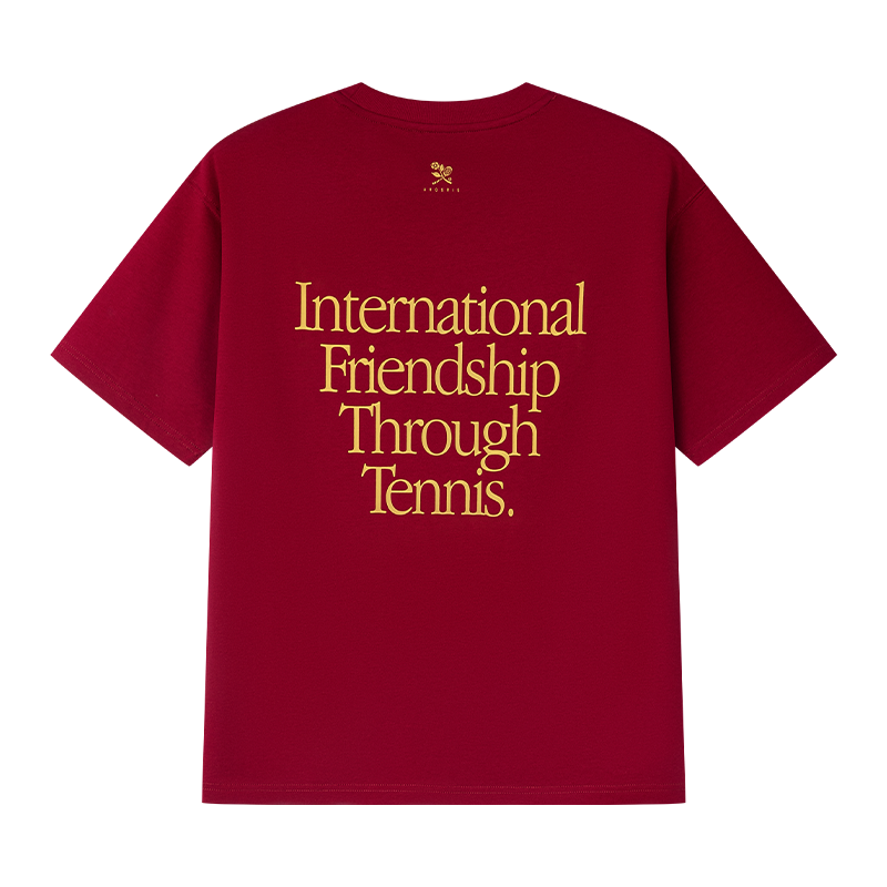 AROSRIS Tennis Friendship Lyocell Tee in red — flat lay showing garment-washed finish and graphic print