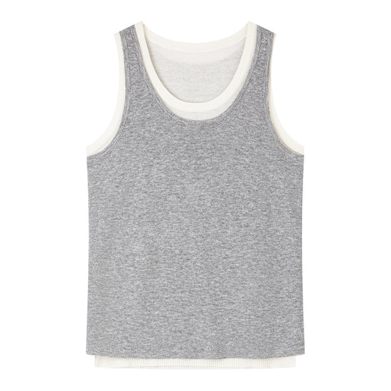 AROSRIS Four Seasons Wool Blend Vest in Mist Grey — flat lay showing contrast trim faux layered design and mercerized wool fabric texture