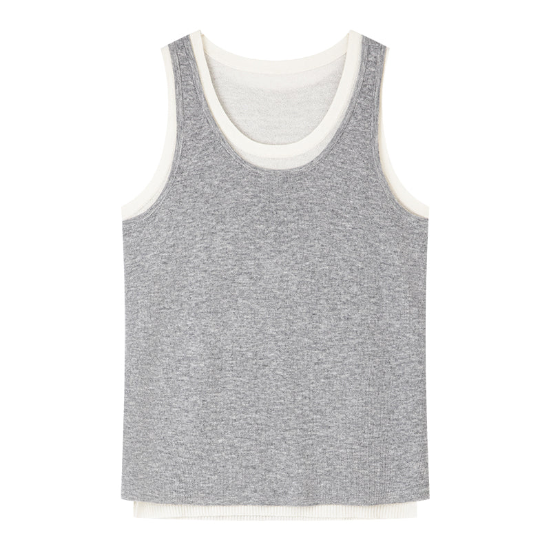 AROSRIS Four Seasons Wool Blend Vest in Mist Grey — flat lay showing contrast trim faux layered design and mercerized wool fabric texture