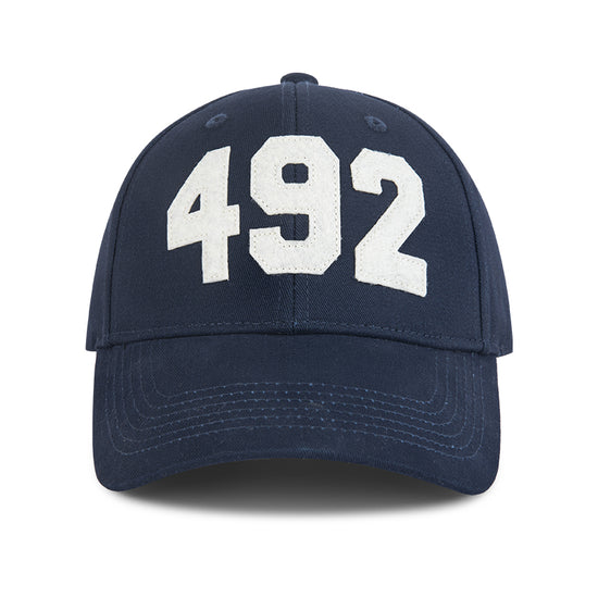 AROSRIS Rose of England Vintage Patch Cap in Royal Navy — front view showing 3D 492 distressed patch embroidery and structured curved brim