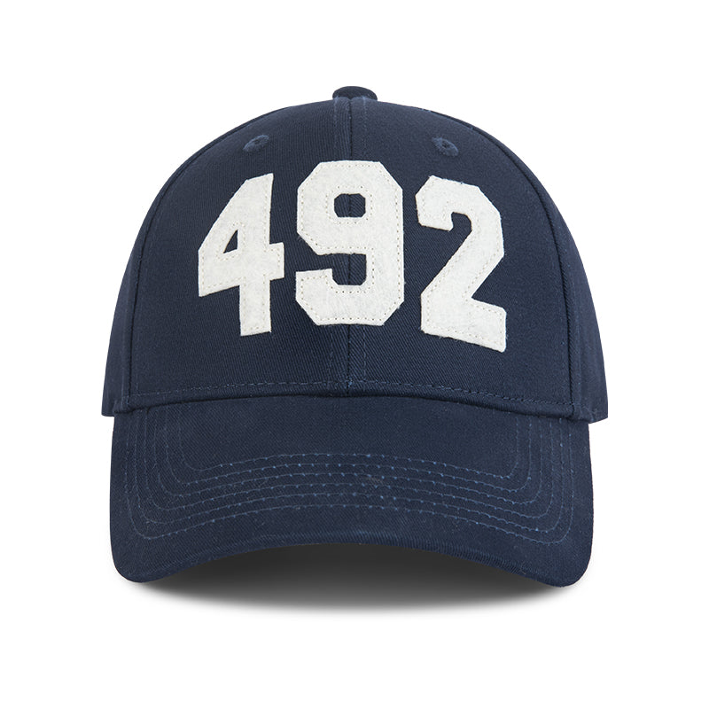 AROSRIS Rose of England Vintage Patch Cap in Royal Navy — front view showing 3D 492 distressed patch embroidery and structured curved brim