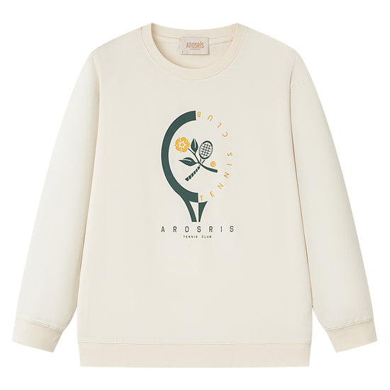 AROSRIS Tennis Club Pima Cotton Long Sleeve Tee in Vintage Apricot — flat lay showing ultra-soft fabric and retro chest graphic