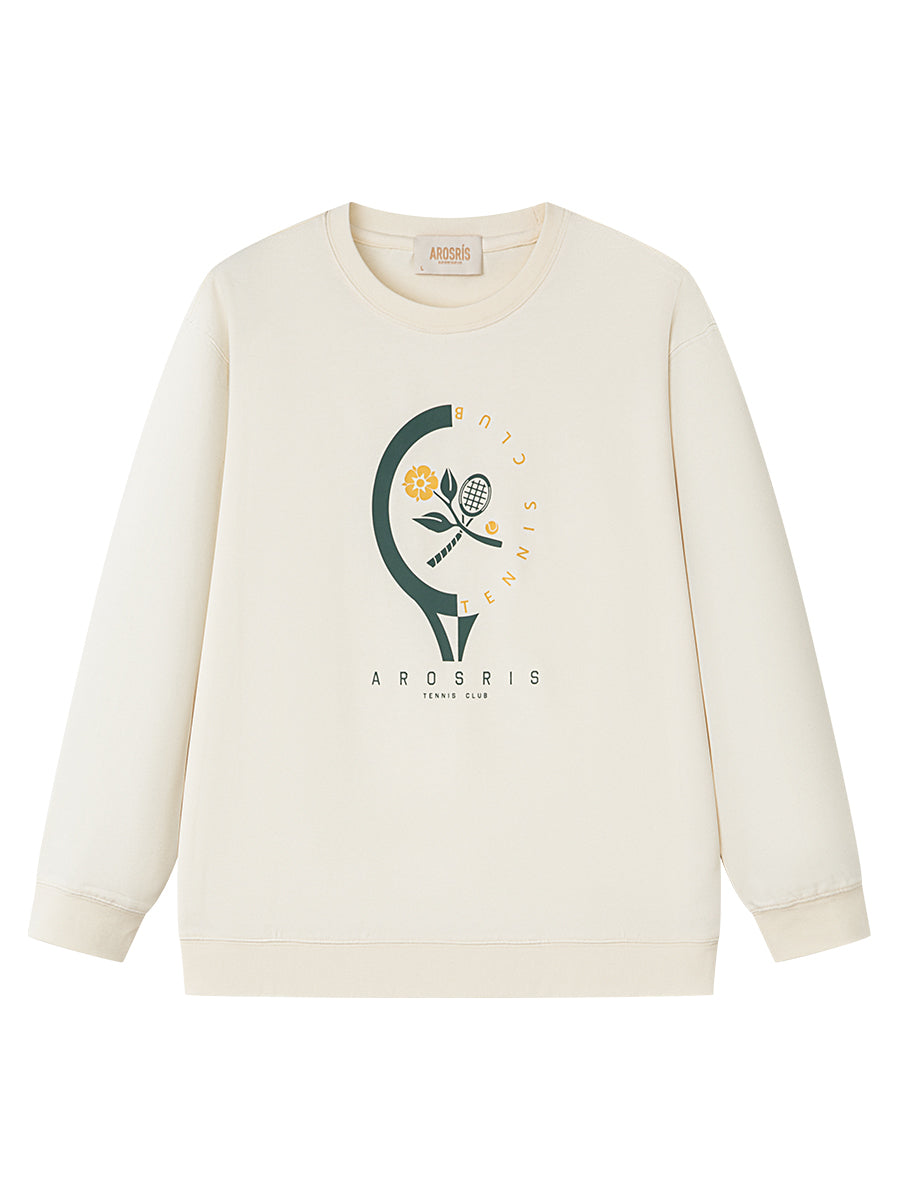 AROSRIS Tennis Club Pima Cotton Long Sleeve Tee in Vintage Apricot — flat lay showing ultra-soft fabric and retro chest graphic