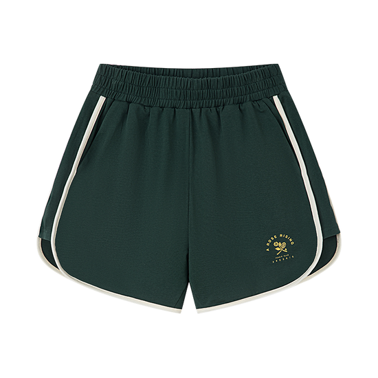 AROSRIS Avenue Retro A-Line Shorts in forest green — flat lay showing combed cotton fabric and retro cut