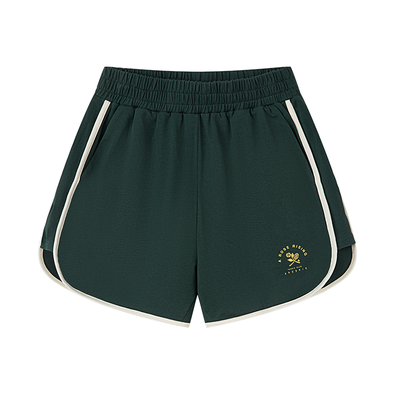 AROSRIS Avenue Retro A-Line Shorts in forest green — flat lay showing combed cotton fabric and retro cut