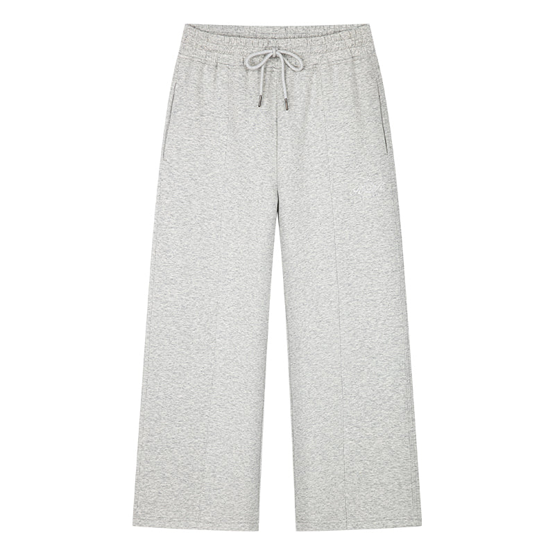 AROSRIS City Concerto Pants in light grey — flat lay showing scuba knit fabric texture and straight leg cut