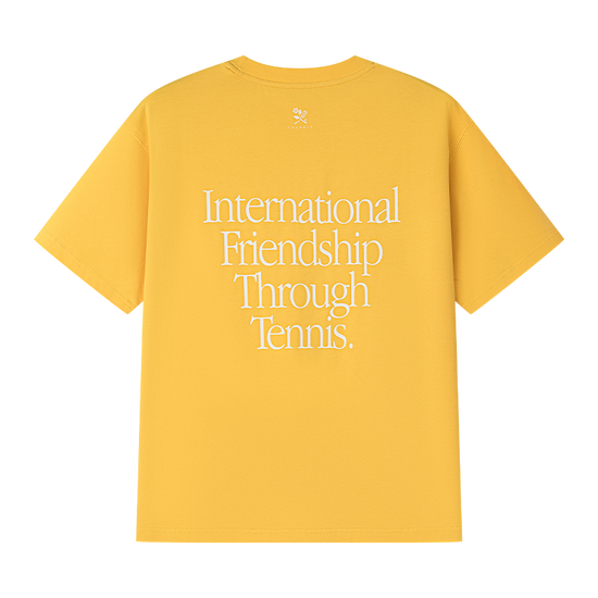AROSRIS Tennis Friendship Lyocell Tee in yellow — flat lay showing stretch fabric and vintage print