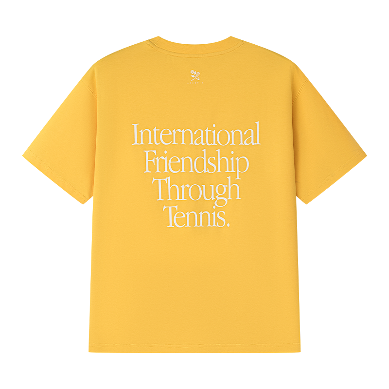 AROSRIS Tennis Friendship Lyocell Tee in yellow — flat lay showing stretch fabric and vintage print