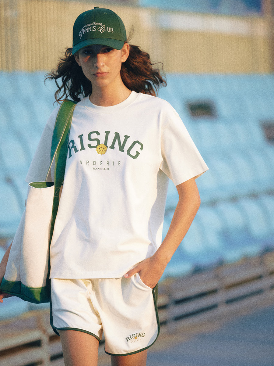 AROSRIS Retro Cotton Sweat Shorts in Cream Beige — full body street style showing relaxed fit styled with white graphic tee