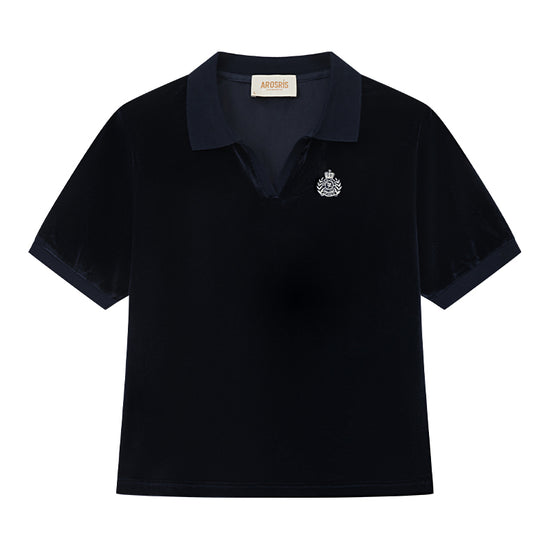 AROSRIS Holiday Vintage Velvet Polo in navy — flat lay showing polo collar, button placket and plush polyester velour fabric