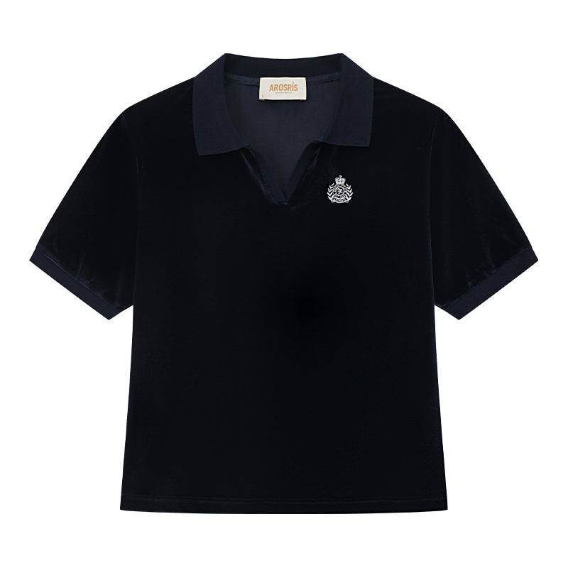 AROSRIS Holiday Vintage Velvet Polo in navy — flat lay showing polo collar, button placket and plush polyester velour fabric