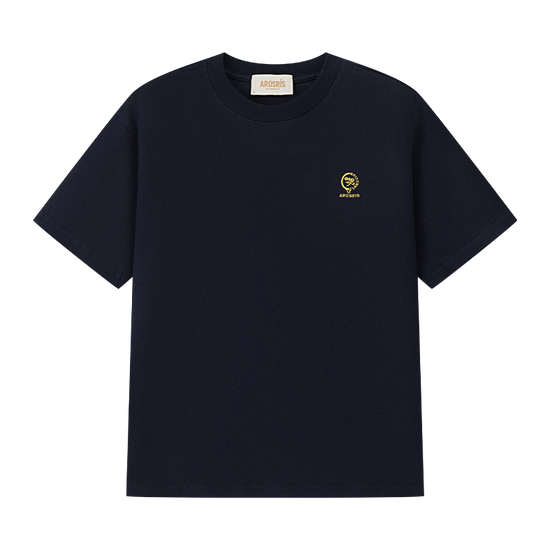 AROSRIS City Stroll Waffle Cotton Tee in navy — flat lay showing 3D waffle texture and racket embroidery detail