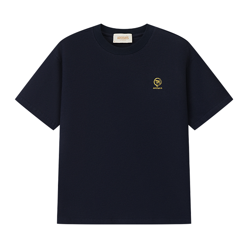 AROSRIS City Stroll Waffle Cotton Tee in navy — flat lay showing 3D waffle texture and racket embroidery detail