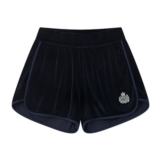 AROSRIS Holiday Vintage Velvet Lounge Shorts in navy — flat lay showing plush polyester velour texture and elastic waistband