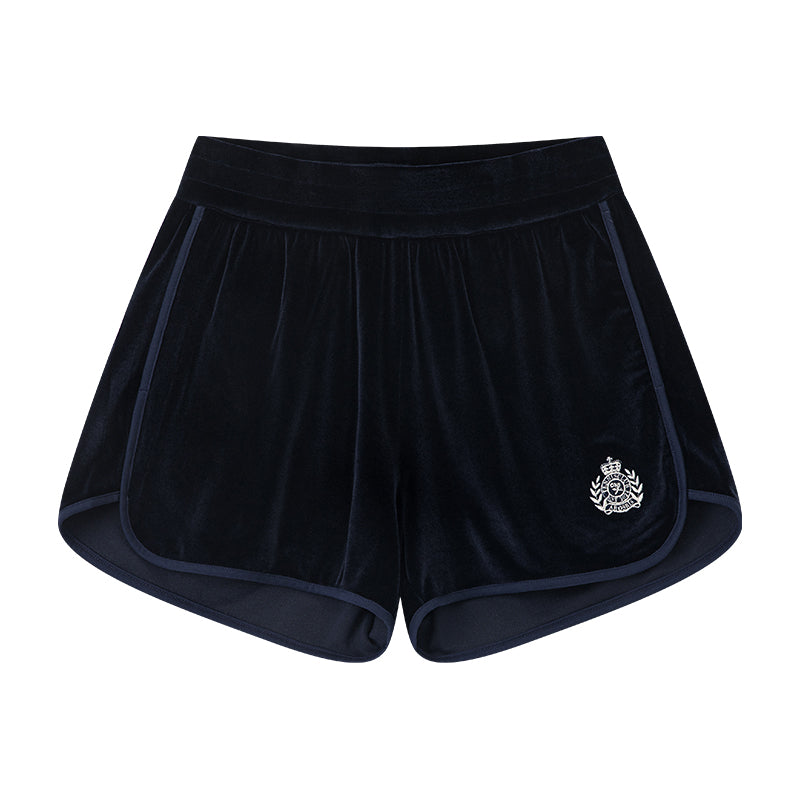 AROSRIS Holiday Vintage Velvet Lounge Shorts in navy — flat lay showing plush polyester velour texture and elastic waistband