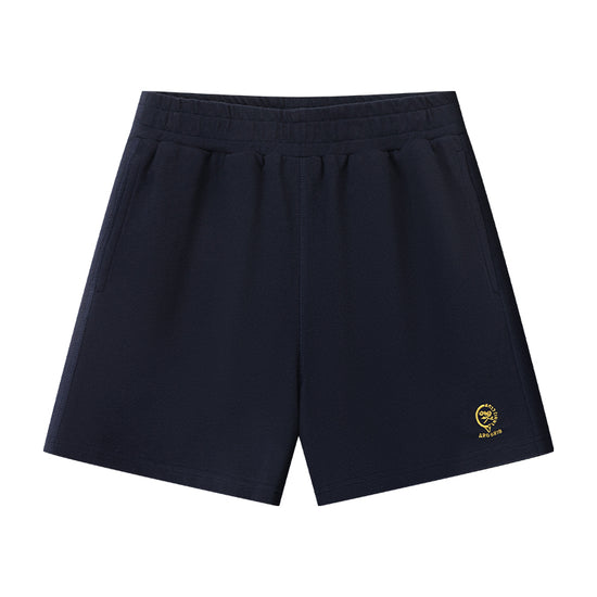 AROSRIS City Stroll Waffle Shorts in navy — flat lay showing structured cotton weave and straight leg cut