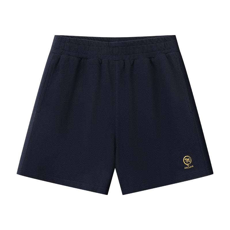 AROSRIS City Stroll Waffle Shorts in navy — flat lay showing structured cotton weave and straight leg cut