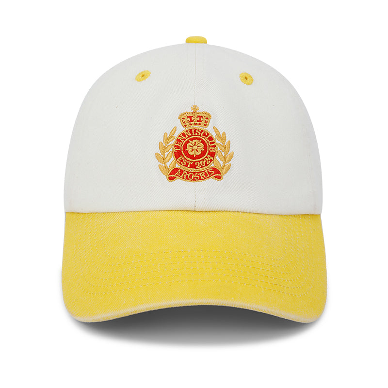 AROSRIS Tennis Club Vintage Baseball Cap in Sun-Washed Yellow — flat lay showing enzyme-washed finish and Tennis Club embroidery