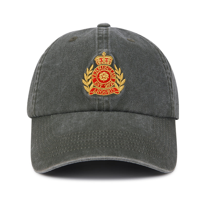 AROSRIS Tennis Club Distressed Cap in Vintage Charcoal — flat lay showing faded vintage colorway and adjustable back strap