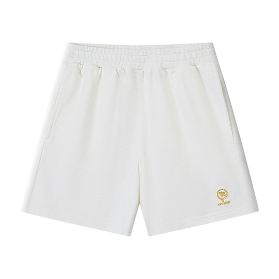 AROSRIS City Stroll Cotton Shorts in white — flat lay showing 3D waffle texture and racket embroidery hem detail
