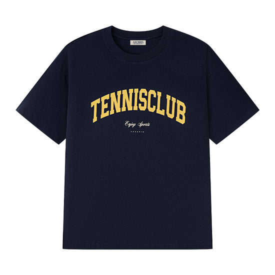 AROSRIS Tennis Club Graphic Tee in Suburban Blue — flat lay showing snowflake cotton weave and tonal collegiate print
