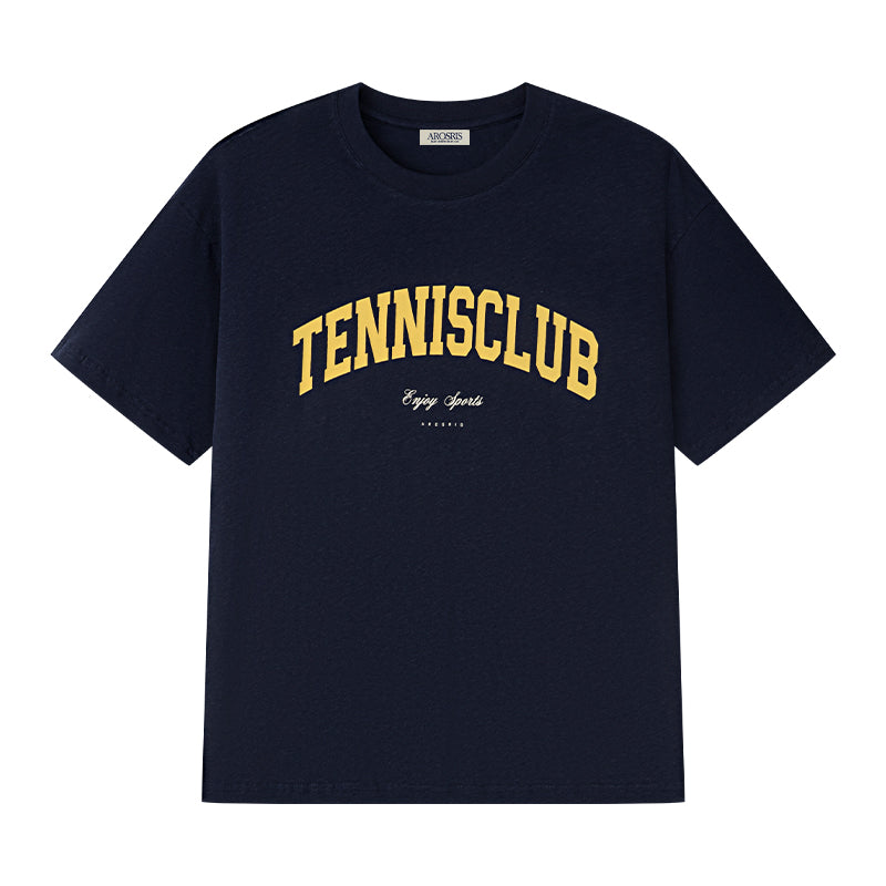 AROSRIS Tennis Club Graphic Tee in Suburban Blue — flat lay showing snowflake cotton weave and tonal collegiate print