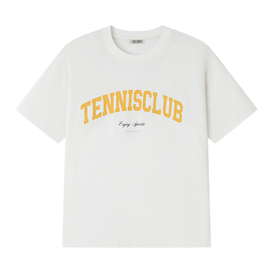 AROSRIS Tennis Club Sheer Texture Tee in Midsummer White — flat lay showing micro-sheer hemp-like fabric surface and oversized cut