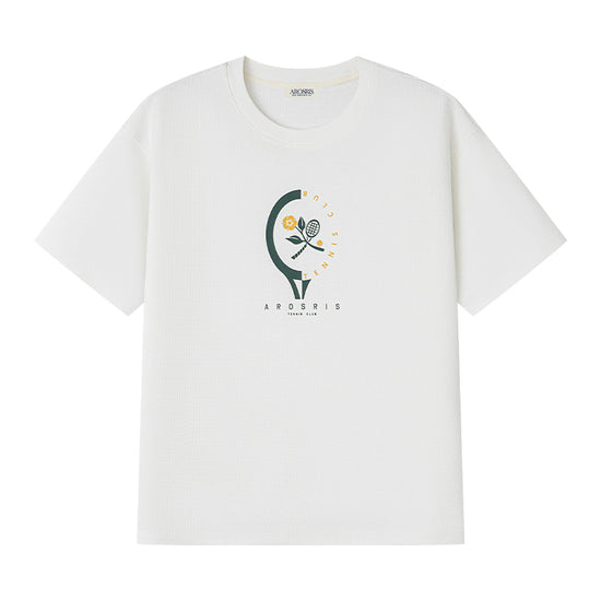AROSRIS Morning Run Waffle Knit Graphic Tee in white — flat lay showing 3D waffle texture and tennis racket print