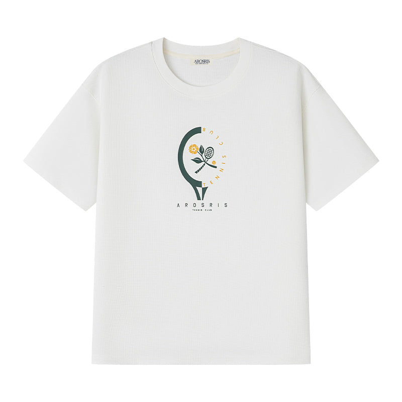 AROSRIS Morning Run Waffle Knit Graphic Tee in white — flat lay showing 3D waffle texture and tennis racket print