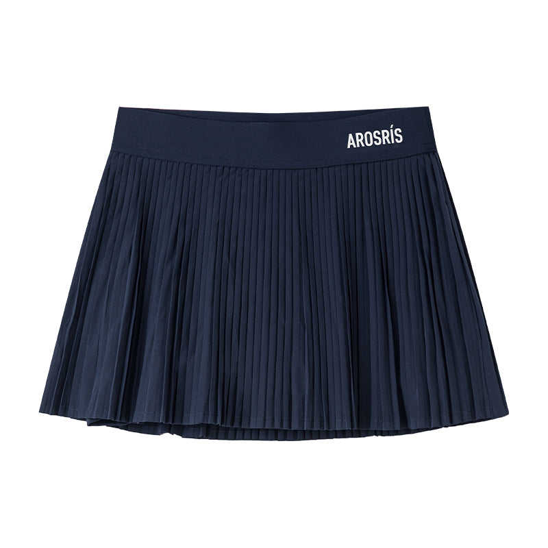 AROSRIS Tennis Club Skort in Club Navy — flat lay showing high-waist elastic band and anti-exposure compression shorts