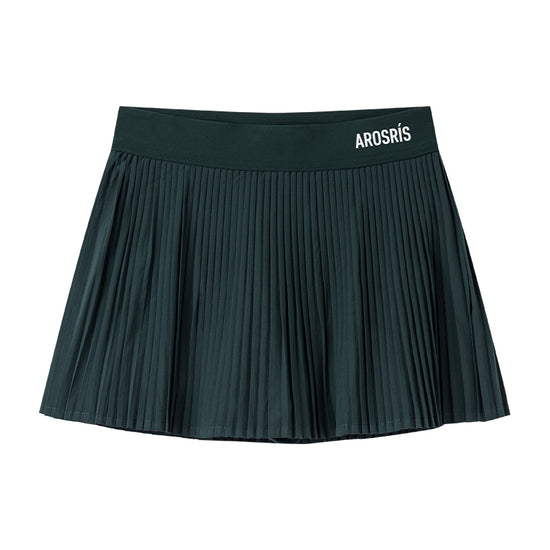 AROSRIS Tennis Club Pleated Skort in Club Navy — flat lay showing crisp accordion pleats and built-in compression liner