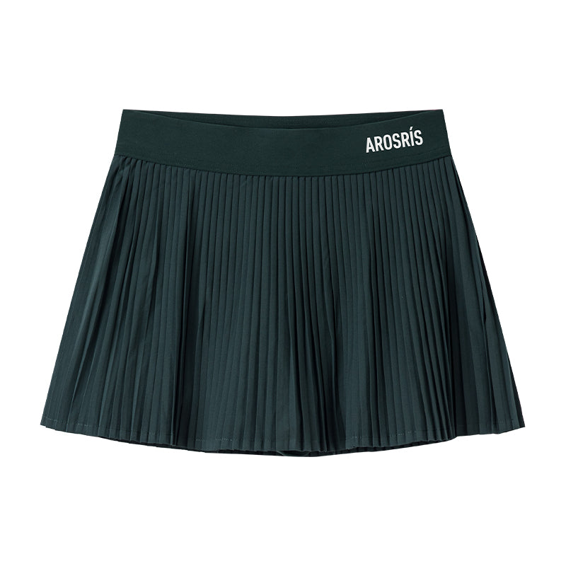 AROSRIS Tennis Club Pleated Skort in Club Navy — flat lay showing crisp accordion pleats and built-in compression liner