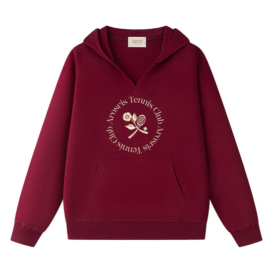 AROSRIS Tennis Club Vintage V-Neck Hoodie in Burgundy Wine — flat lay showing garment-washed knit fabric and heritage graphic