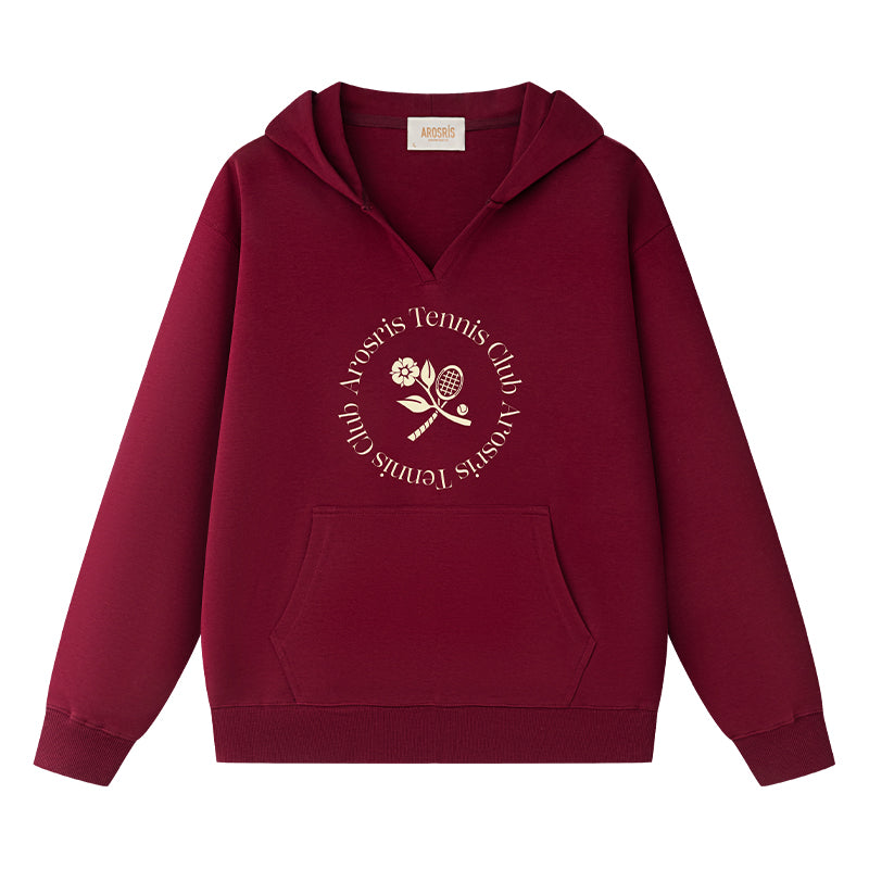 AROSRIS Tennis Club Vintage V-Neck Hoodie in Burgundy Wine — flat lay showing garment-washed knit fabric and heritage graphic