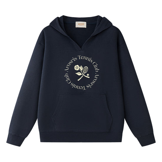 AROSRIS Tennis Club Hoodie in Misty Navy — flat lay showing V-neck design, double-sided knit texture and vintage tennis print