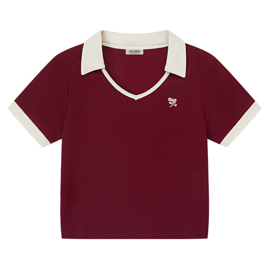 AROSRIS Tennis Club Retro Polo in Passion Red — flat lay showing waffle knit texture and contrast collar detail