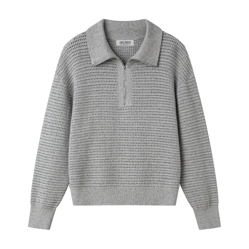 AROSRIS Old Money Half-Zip Knit in Cumulus Grey — flat lay showing multi-layer cable knit texture and custom YKK zipper