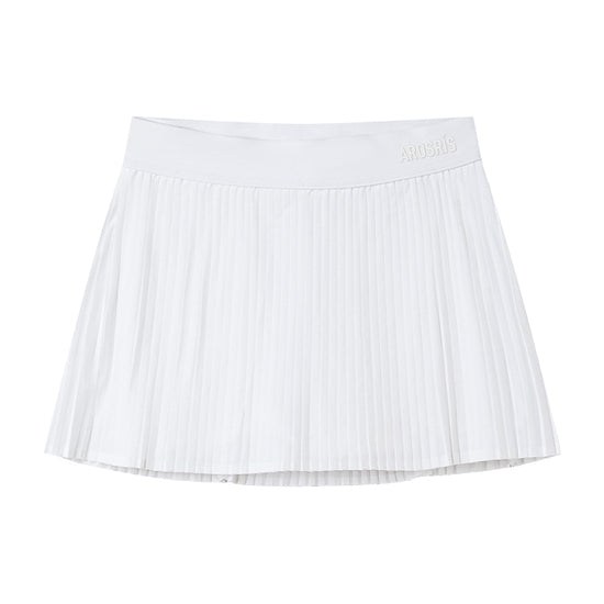 AROSRIS Tennis Club High-Waist Pleated Skort in Classic White — flat lay showing polyester shell fabric and pleat structure