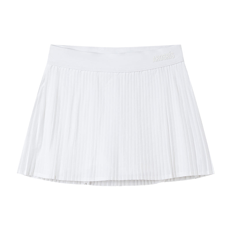AROSRIS Tennis Club High-Waist Pleated Skort in Classic White — flat lay showing polyester shell fabric and pleat structure