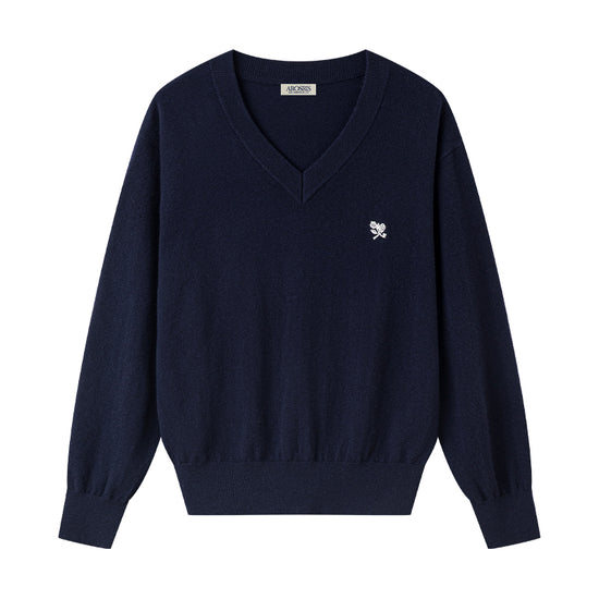 AROSRIS Old Money 100% Merino Wool V-Neck Sweater in Quiet Navy — flat lay showing fine knit texture and chest flower embroidery