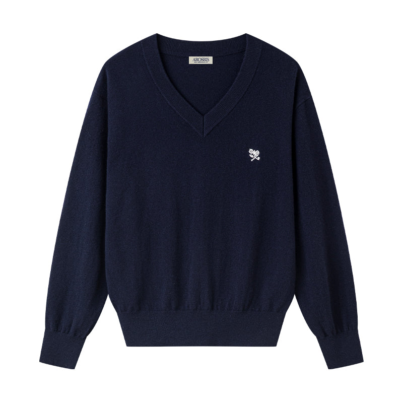 AROSRIS Old Money 100% Merino Wool V-Neck Sweater in Quiet Navy — flat lay showing fine knit texture and chest flower embroidery