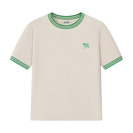 AROSRIS Morning Walk Retro Ringer Tee in court green — flat lay showing terry cloth texture, contrast collar and cuff trims