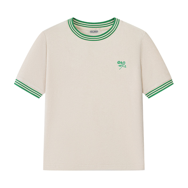 AROSRIS Morning Walk Retro Ringer Tee in court green — flat lay showing terry cloth texture, contrast collar and cuff trims
