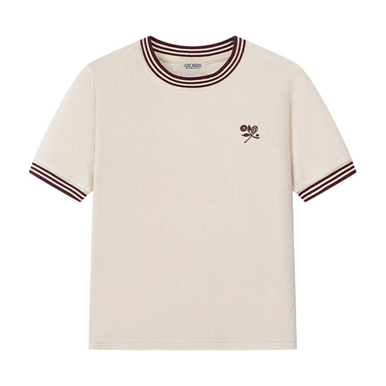 AROSRIS Morning Walk Retro Terry Ringer Tee in sunset red — flat lay showing floral embroidery detail and contrast ringer trims