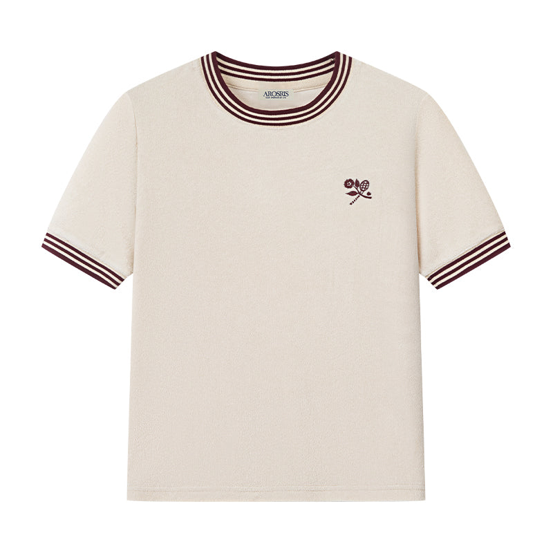 AROSRIS Morning Walk Retro Terry Ringer Tee in sunset red — flat lay showing floral embroidery detail and contrast ringer trims