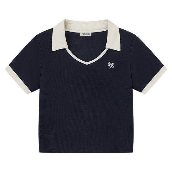 AROSRIS Tennis Club Waffle Knit Contrast Polo in Quiet Navy — flat lay showing cropped silhouette and V-neck polo collar