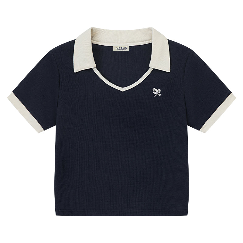 AROSRIS Tennis Club Waffle Knit Contrast Polo in Quiet Navy — flat lay showing cropped silhouette and V-neck polo collar